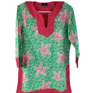 🎀 Simply Southern Womens Starfish Tunic Top Medium Print 3/4 Sleeve Pink Green
